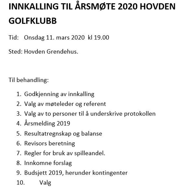 Årsmøte 2020 Hovden Golfklubb